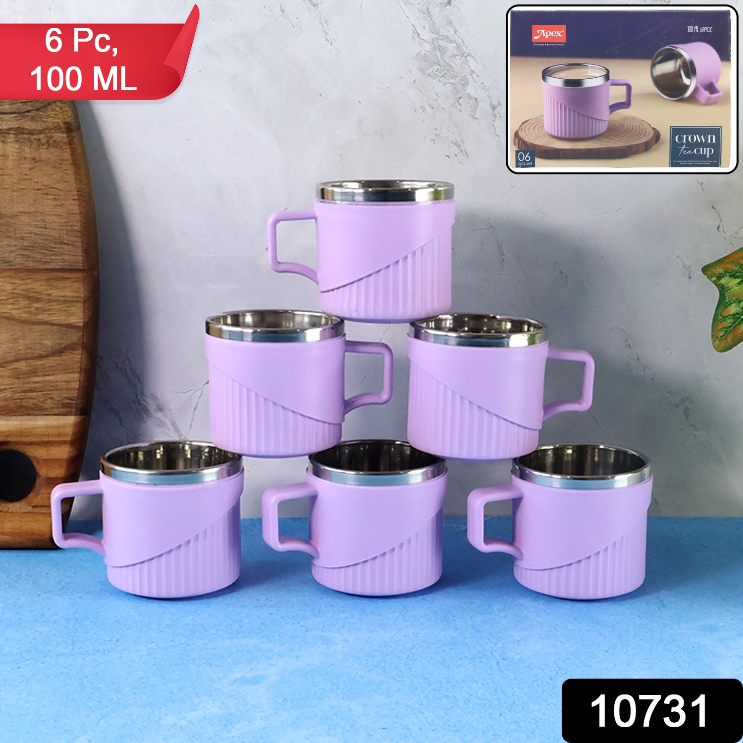 Wukusy Apex Sturdy Tea and Coffee Cups set of 6, ceramic cups with handles, arranged on a table, ideal for hot beverages.