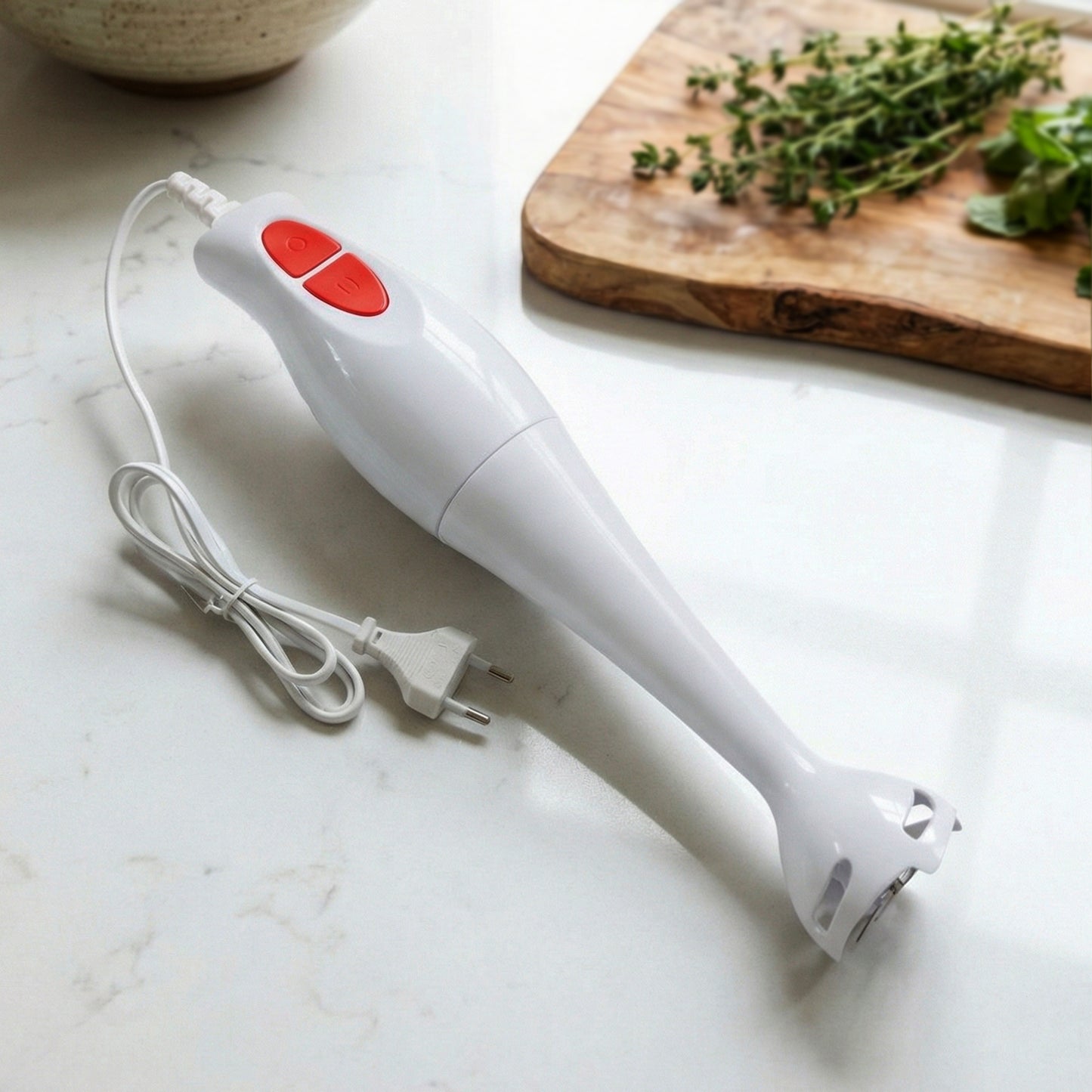 Wukusy electric hand blender stick with a sleek design, featuring a blending shaft and control buttons for versatile kitchen use.