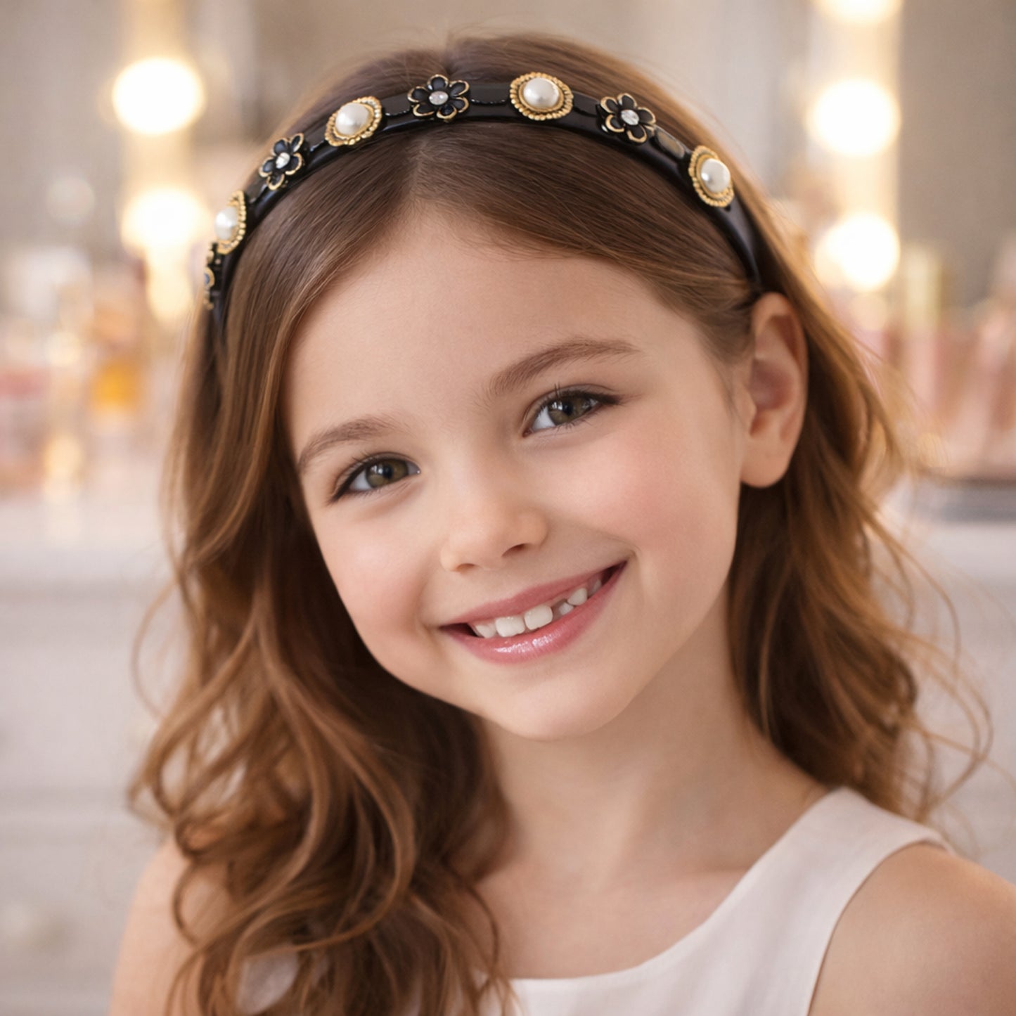 Elegant pearl floral designer hairband for women and girls by Wukusy, featuring a delicate floral and pearl design.