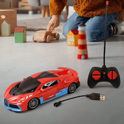 Wukusy high-speed RC sports car with spray exhaust effect, detailed black and red design, racing tires, and sleek aerodynamic body.