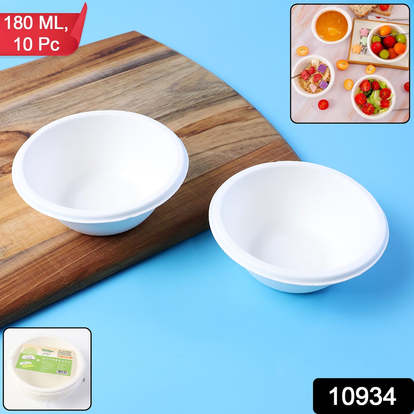 Set of two round compostable bagasse bowls from Wukusy, 180ml capacity, suitable for home and kitchen use.
