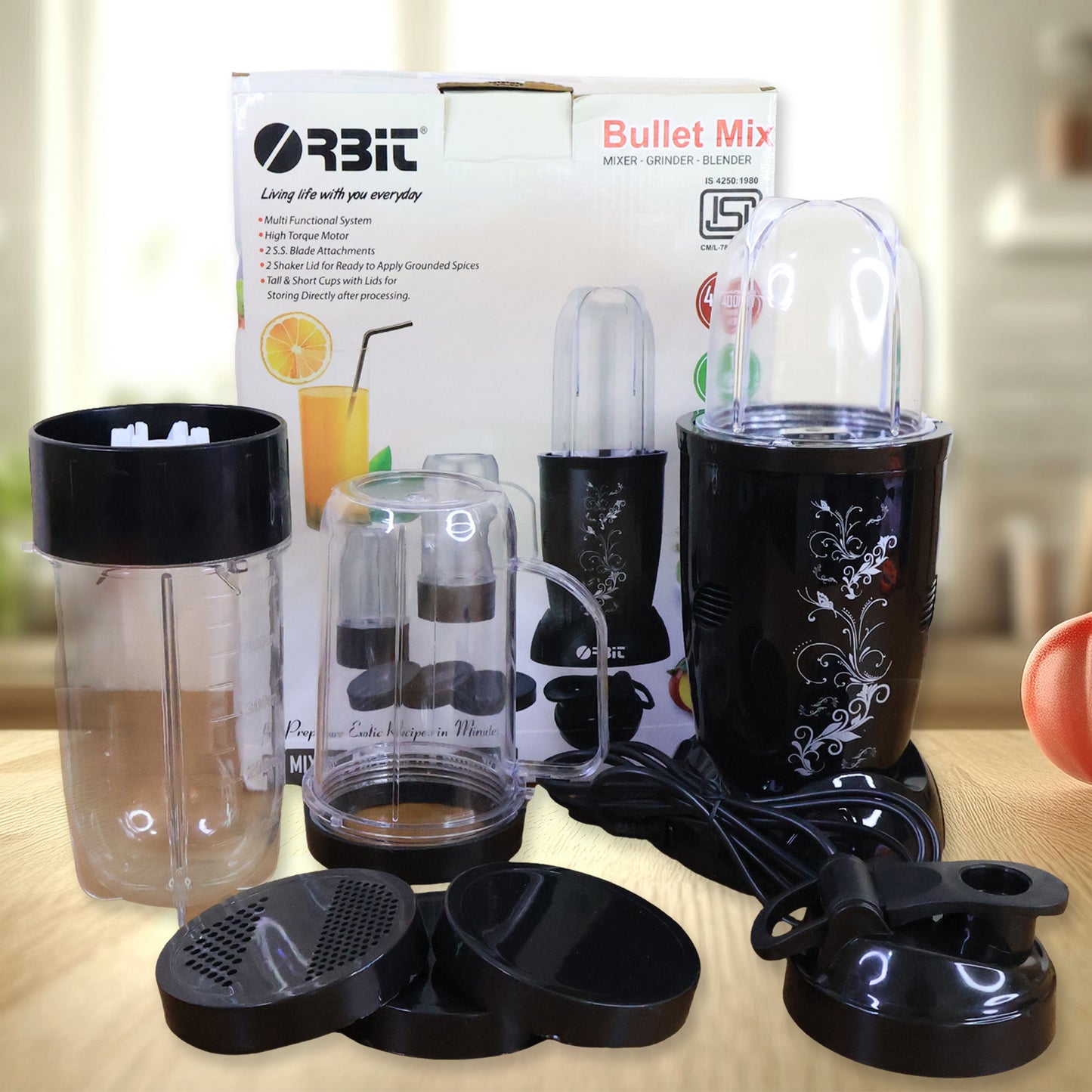 Wukusy Orbit Bullet Mixer Grinder with 400W motor and three jars, shown with stainless steel jars and compact design for home kitchen use.
