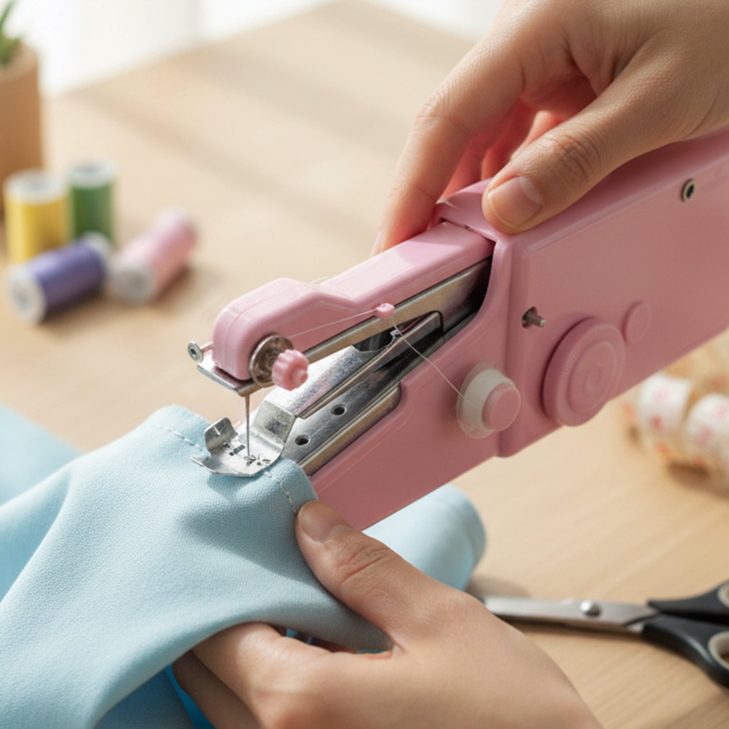 Portable Wukusy handheld sewing machine set with compact design and ergonomic handle for easy sewing and mending.