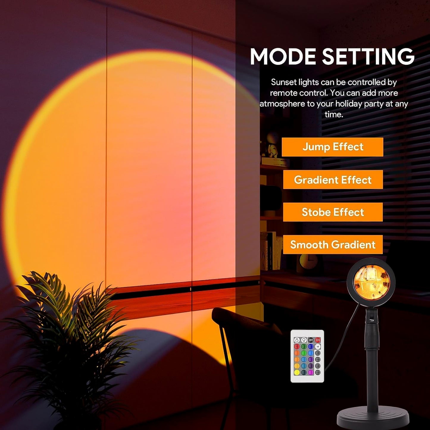 Wukusy 4-color sunset projection lamp with LED night lights, showcasing warm sunset hues in a home improvement setting.