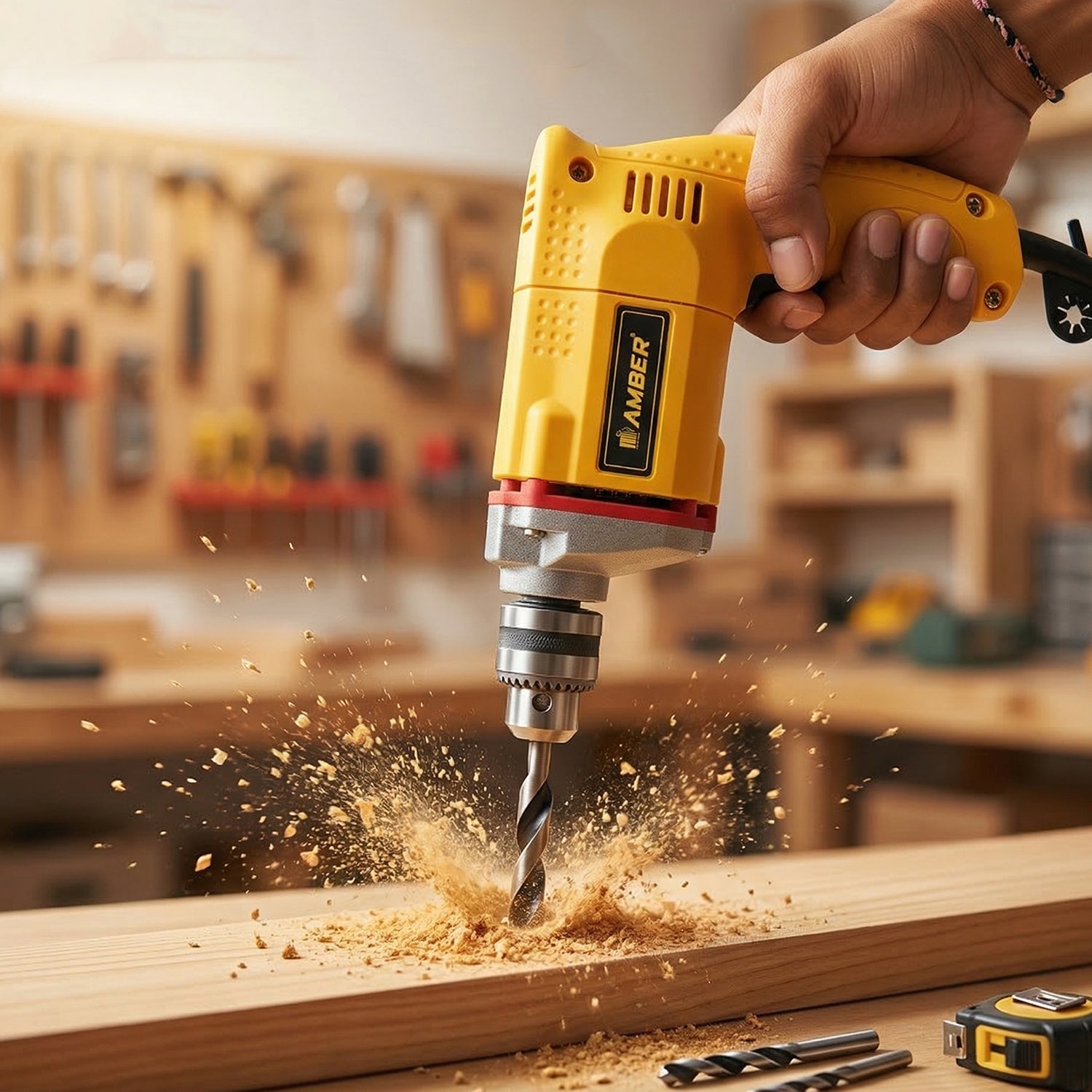 Amber Electric Drill Am2310 by Wukusy with 350W power, shown in a close-up view of the drill tool and handle.
