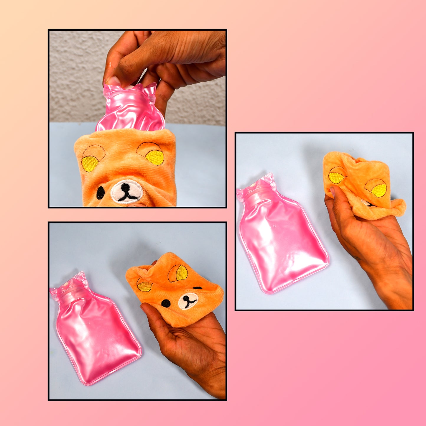 Orange Panda small hot water bag with cover by Wukusy, used for pain relief, neck, shoulder, hand, feet warmth, and menstrual cramps.