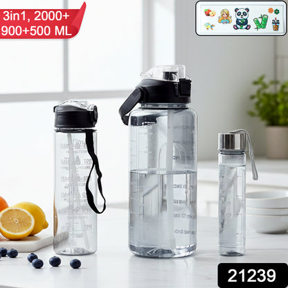 Wukusy 3-in-1 multipurpose water bottle set with 2000ml, 900ml, and 500ml bottles in various colors, shown next to each other.