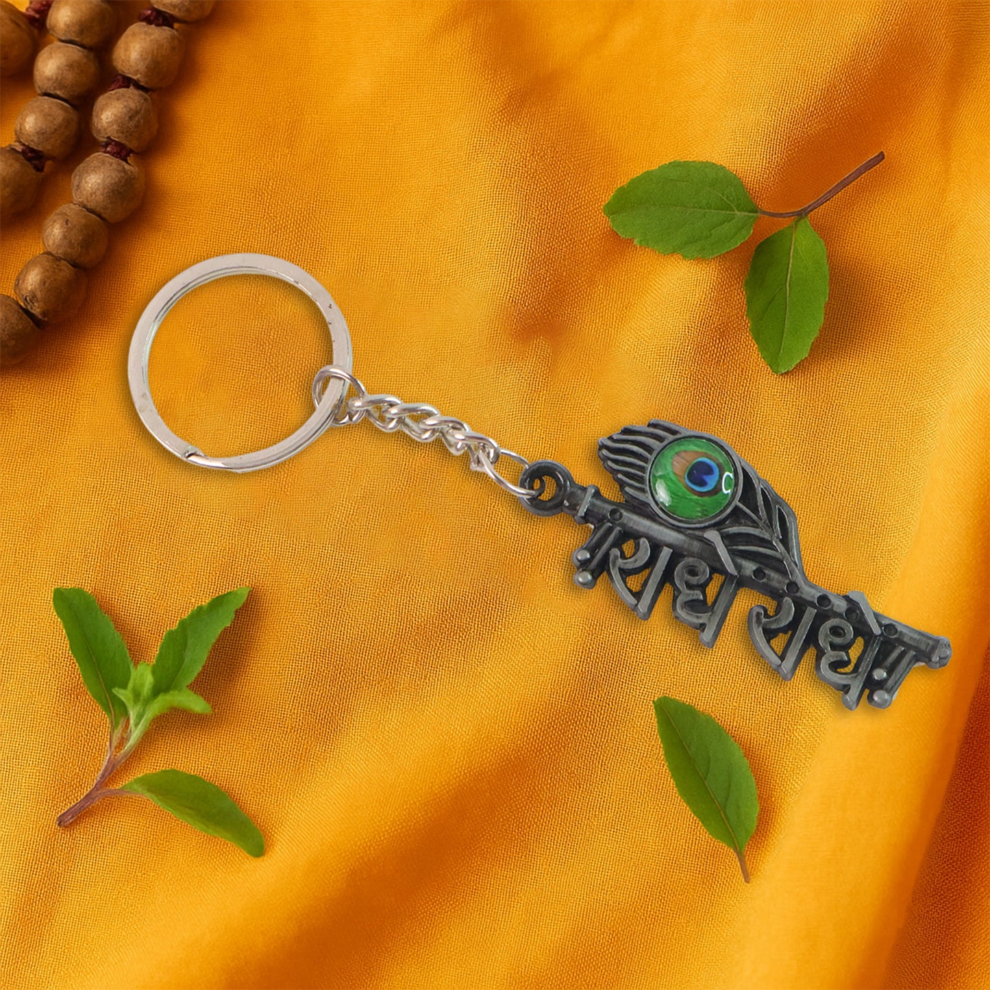 Radha Krishna Radhe Radhe metal keychain with intricate design, featuring Hindu deity figures, by Wukusy.