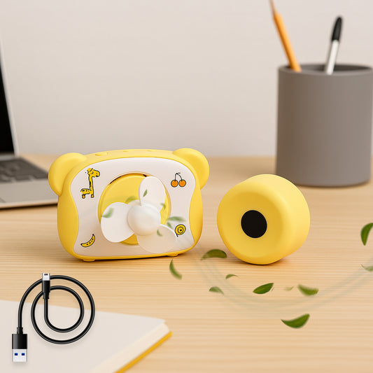 Cute bear-shaped mini rechargeable fan by Wukusy, compact office fan with adorable bear design and portable handheld style.