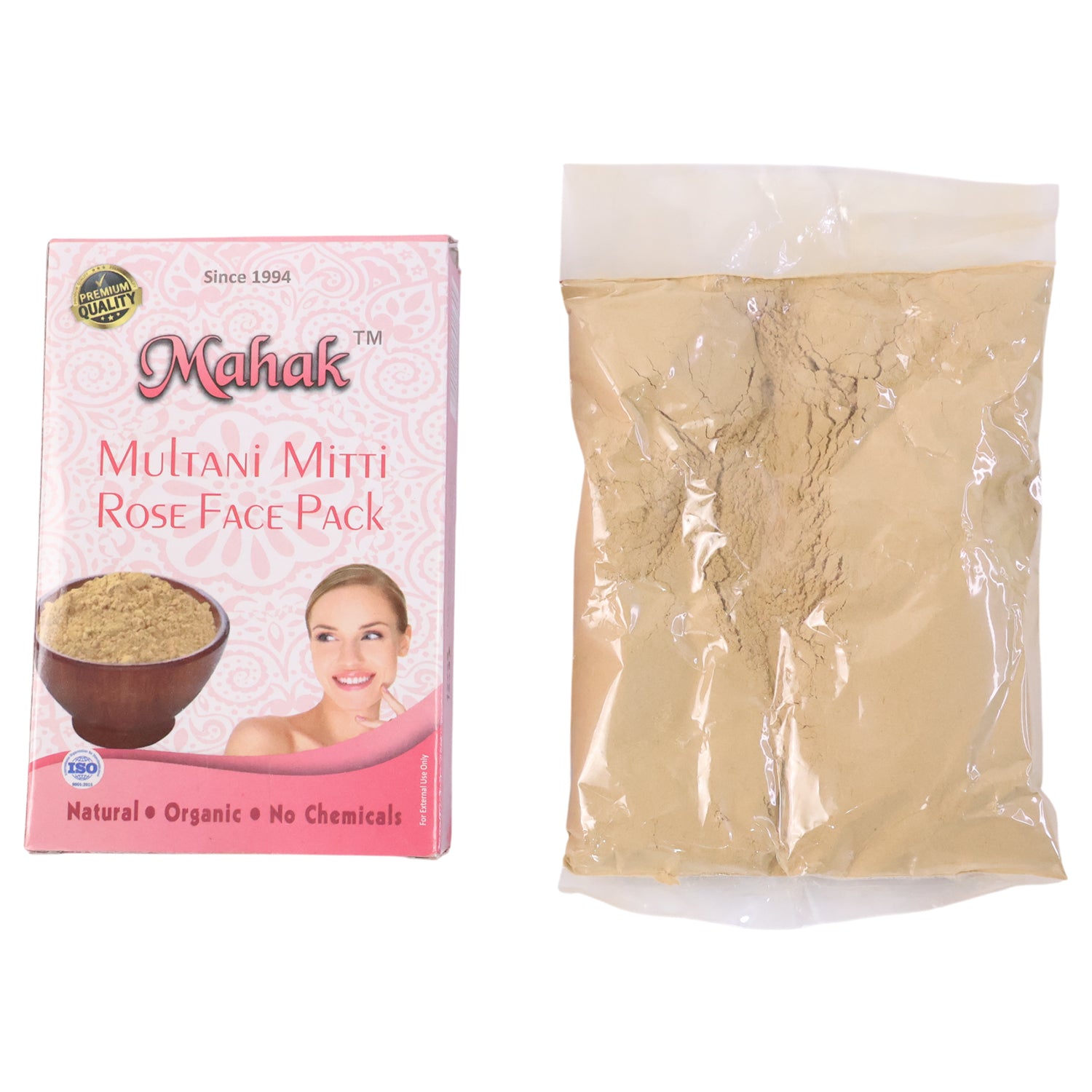 Wukusy Herbal Multani Mitti Rose Face Pack in 80g, showing a bowl of pink clay face mask with rose petals and herbal ingredients.