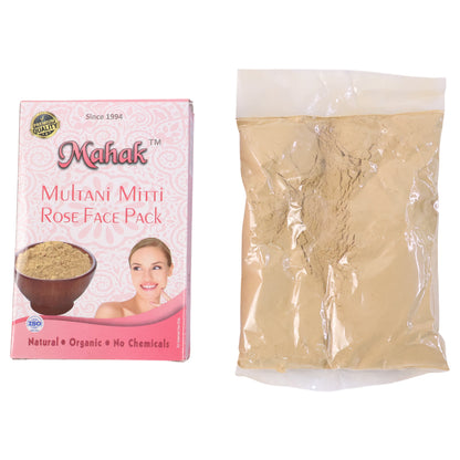 Wukusy Herbal Multani Mitti Rose Face Pack in 80g, showing a bowl of pink clay face mask with rose petals and herbal ingredients.