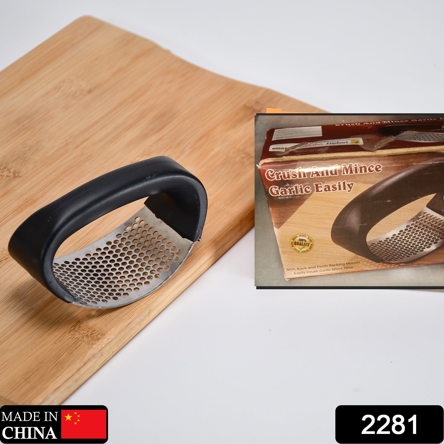 Multicolor stainless steel garlic presser crusher by Wukusy, showing the ergonomic handle and stainless steel pressing mechanism.