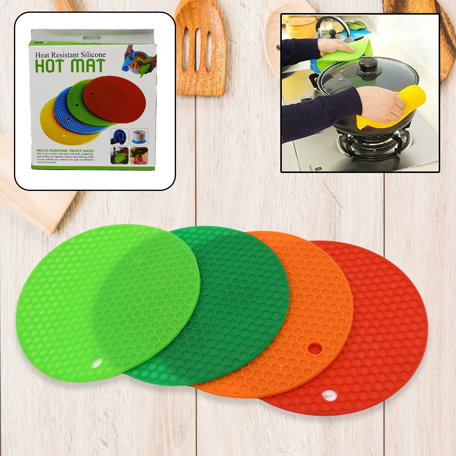 Wukusy 4-piece silicone hot mat set for placing hot vessels and utensils, protects surfaces without leaving marks.