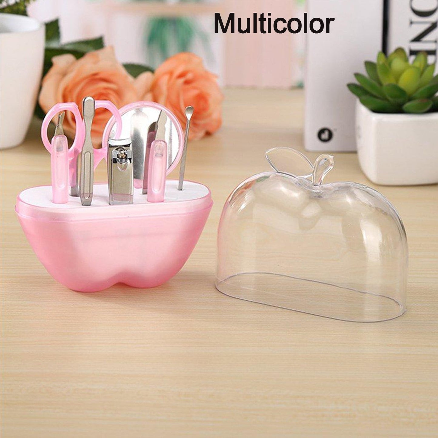 Wukusy 1491 8-in-1 apple-shaped manicure set with nail clippers, scissors, and tools in a compact, colorful case.