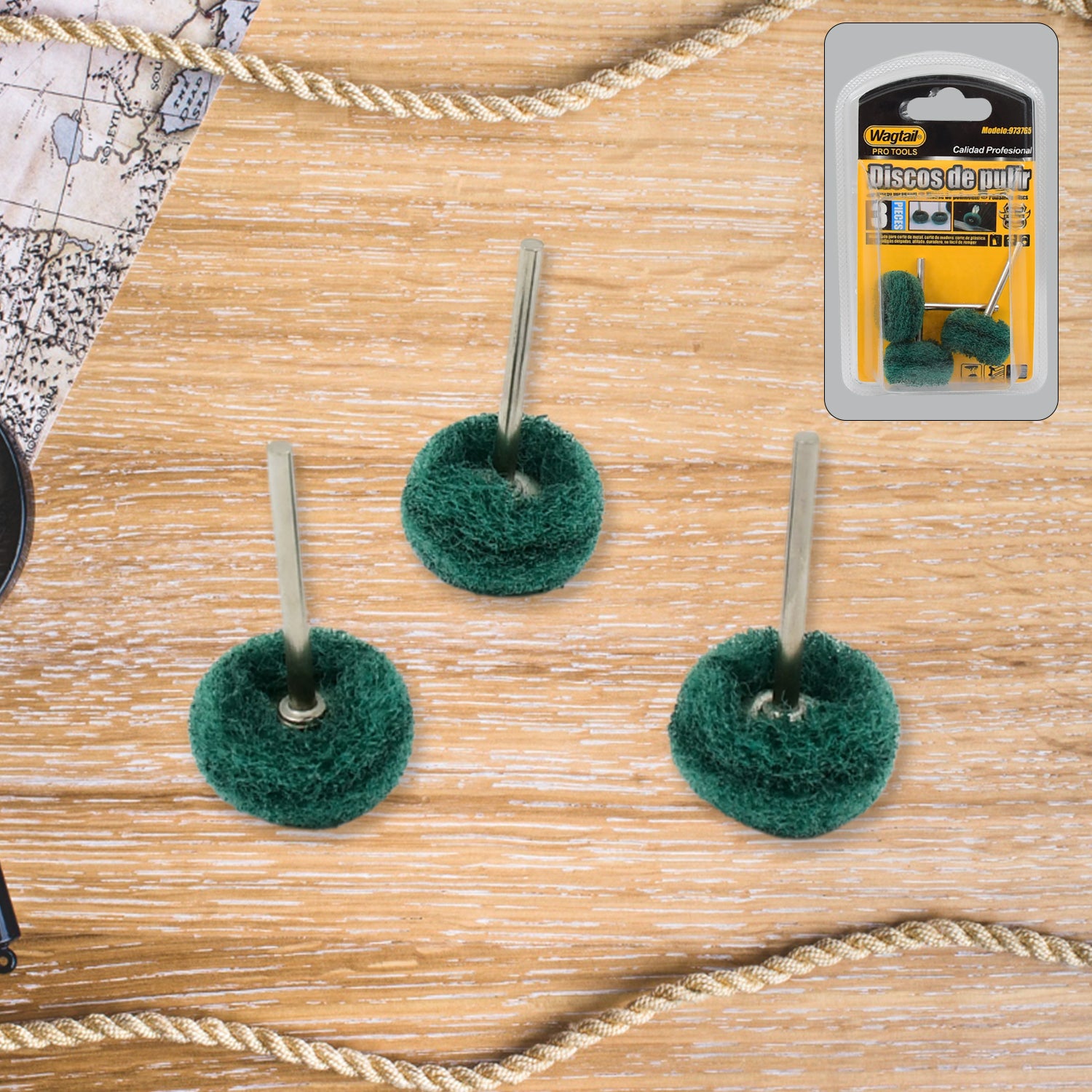Set of three Wukusy abrasive buffing and polishing wheels for home improvement tasks, shown in a close-up image.