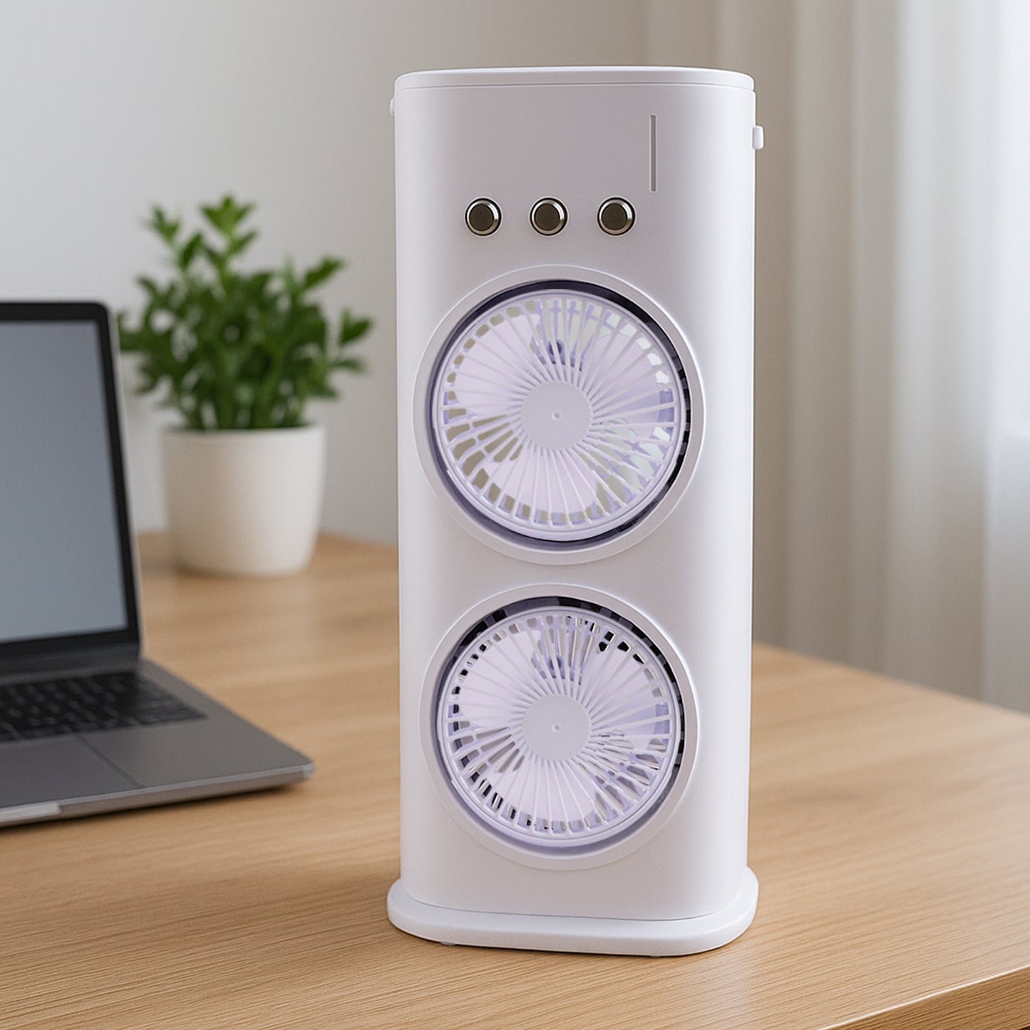 Wukusy portable tower mist spray cooling fan with adjustable air output and mist function for cooling and refreshment.