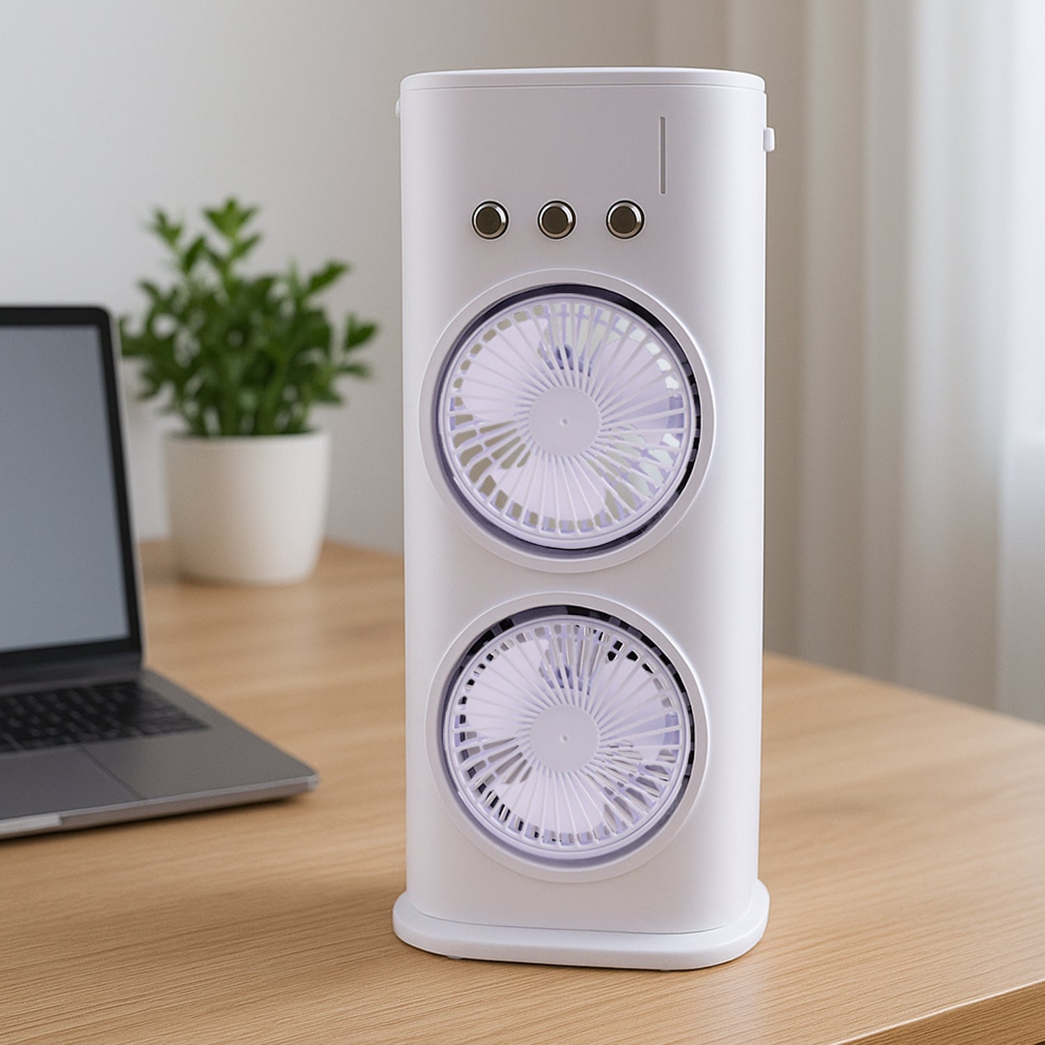 Wukusy portable tower mist spray cooling fan with adjustable air output and mist function for cooling and refreshment.
