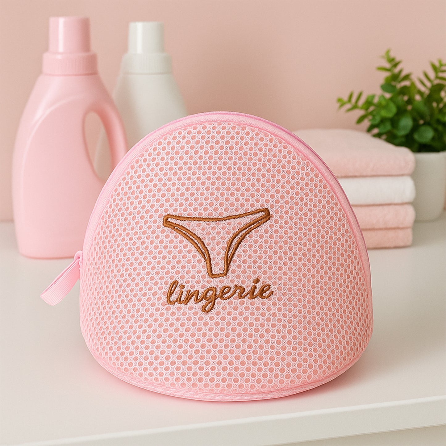 Wukusy dome-shaped lingerie wash bag with zip closure, protective mesh laundry pouch for delicate lingerie and small garments.