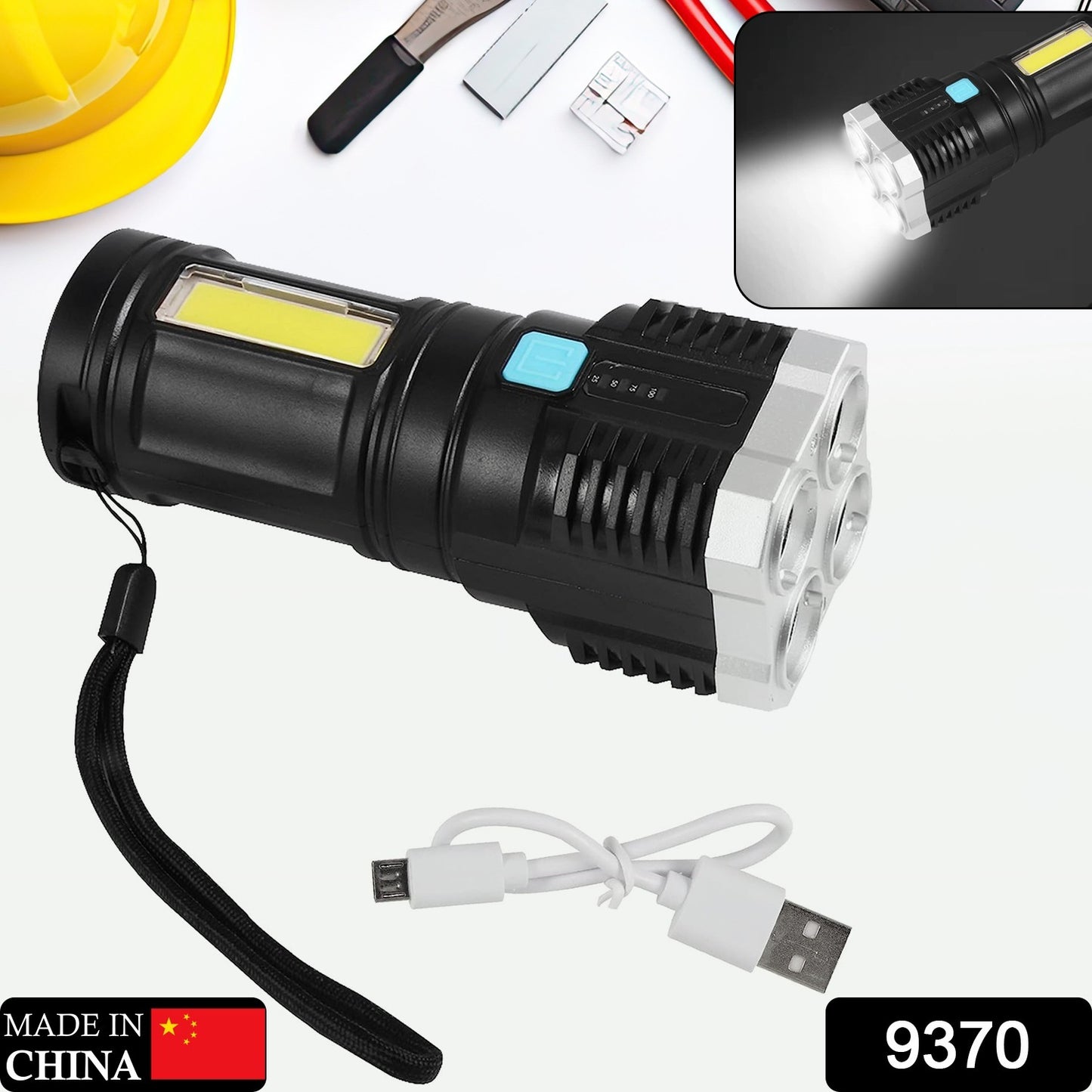 Wukusy 9370 multifunctional LED torch flashlight with rechargeable battery, long-distance beam, 4 modes, and COB emergency light for camping.