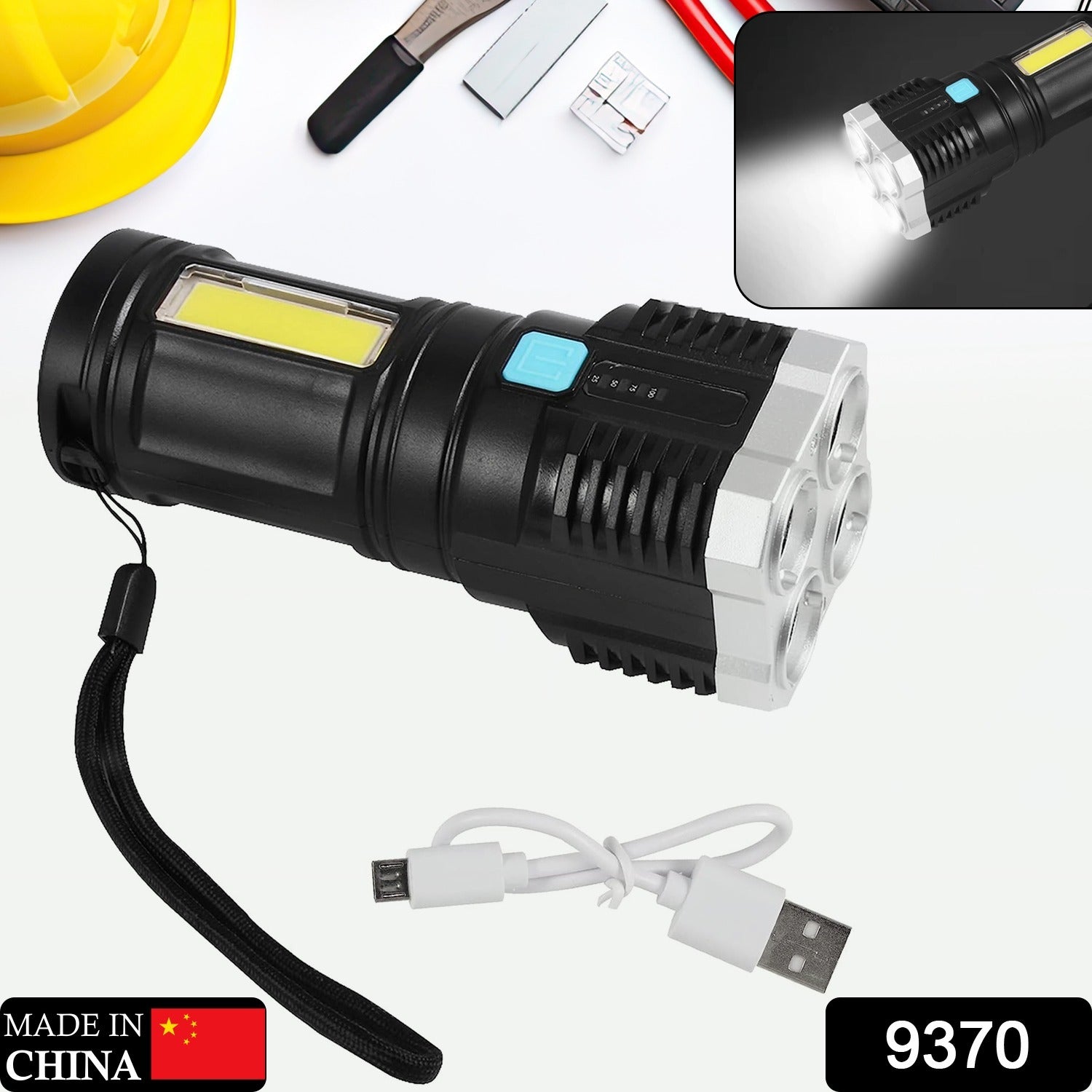 Wukusy 9370 multifunctional LED torch flashlight with rechargeable battery, long-distance beam, 4 modes, and COB emergency light for camping.