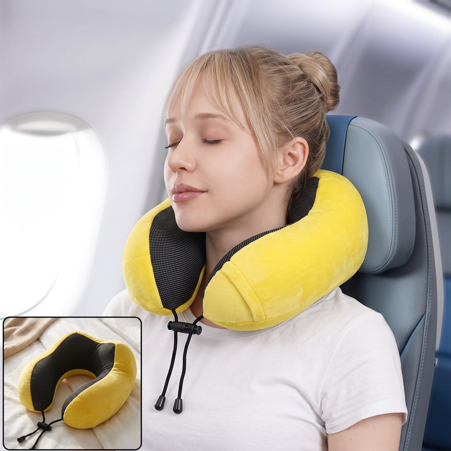 Yellow plush U-shaped travel neck pillow with drawstring from Wukusy, designed for soft neck support during travel.