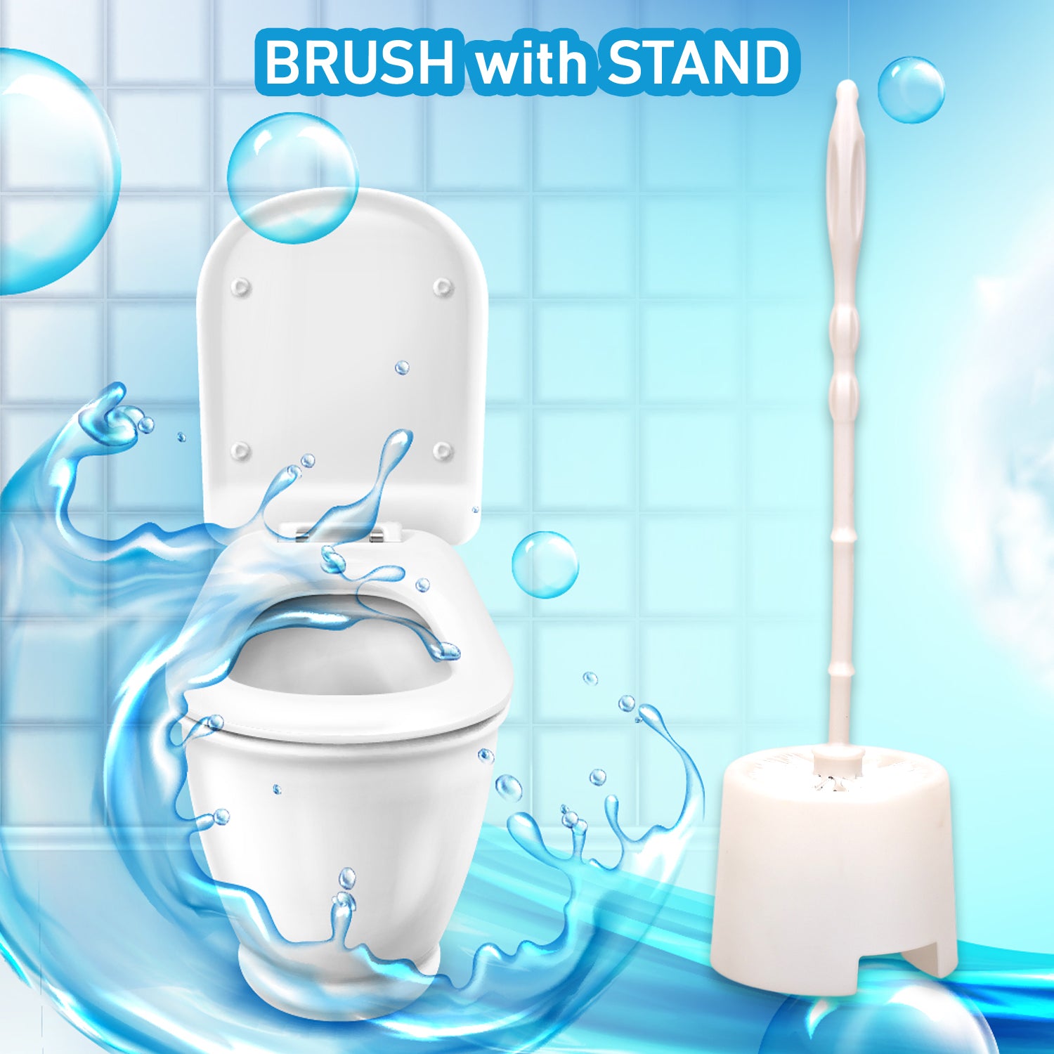 Wukusy 6615 toilet cleaning brush with potted holder, white plastic brush and ceramic holder on bathroom surface