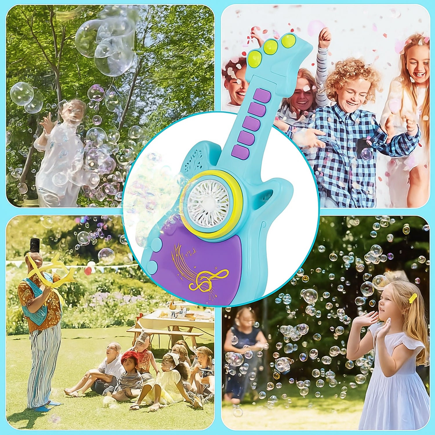 Wukusy electric automatic guitar-shaped bubble machine toy emitting bubbles, featuring colorful guitar design and bubble output nozzles.