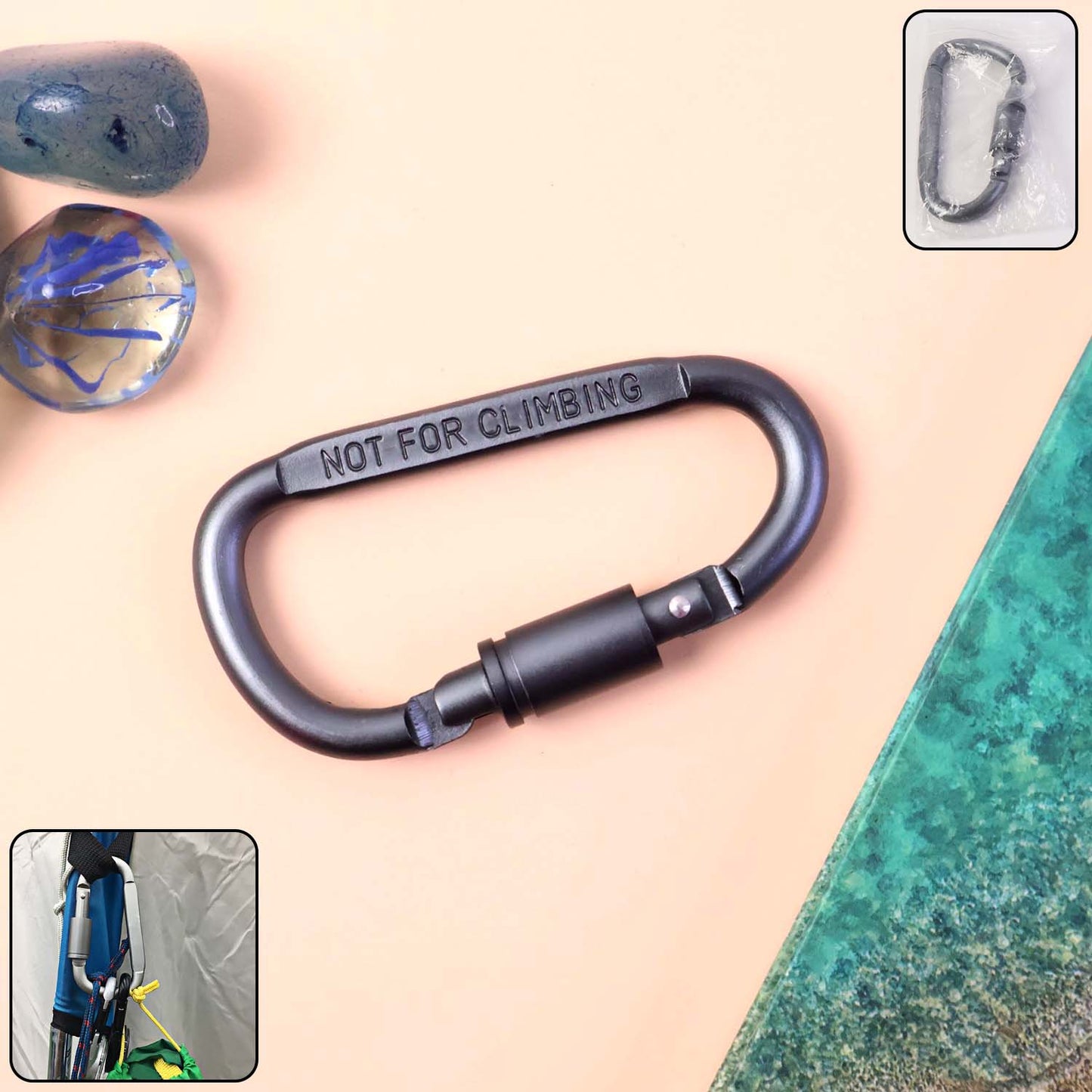 Heavy-duty metal carabiner hook with screw lock from Wukusy, ideal for home improvement, shown with secure screw lock in image.