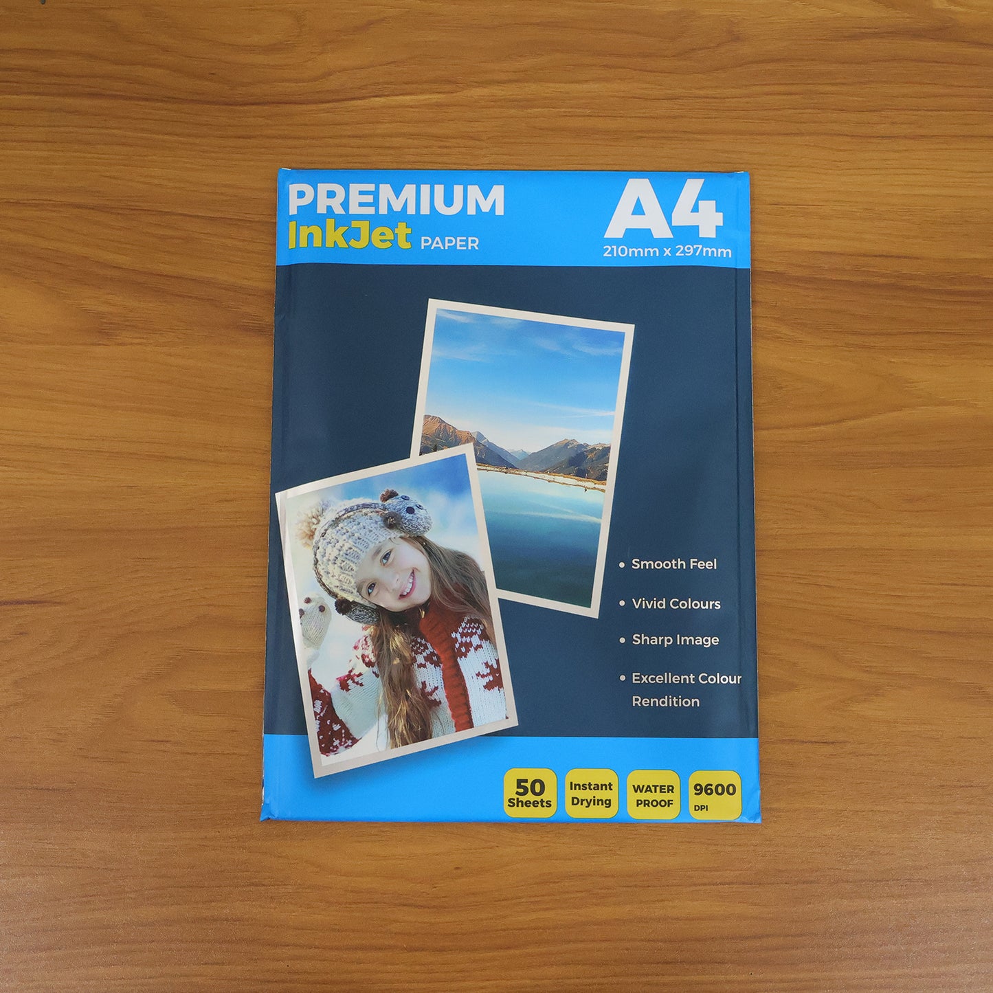 A pack of 50 sheets of Wukusy premium A4 inkjet printing paper stacked neatly, ready for high-quality printing.