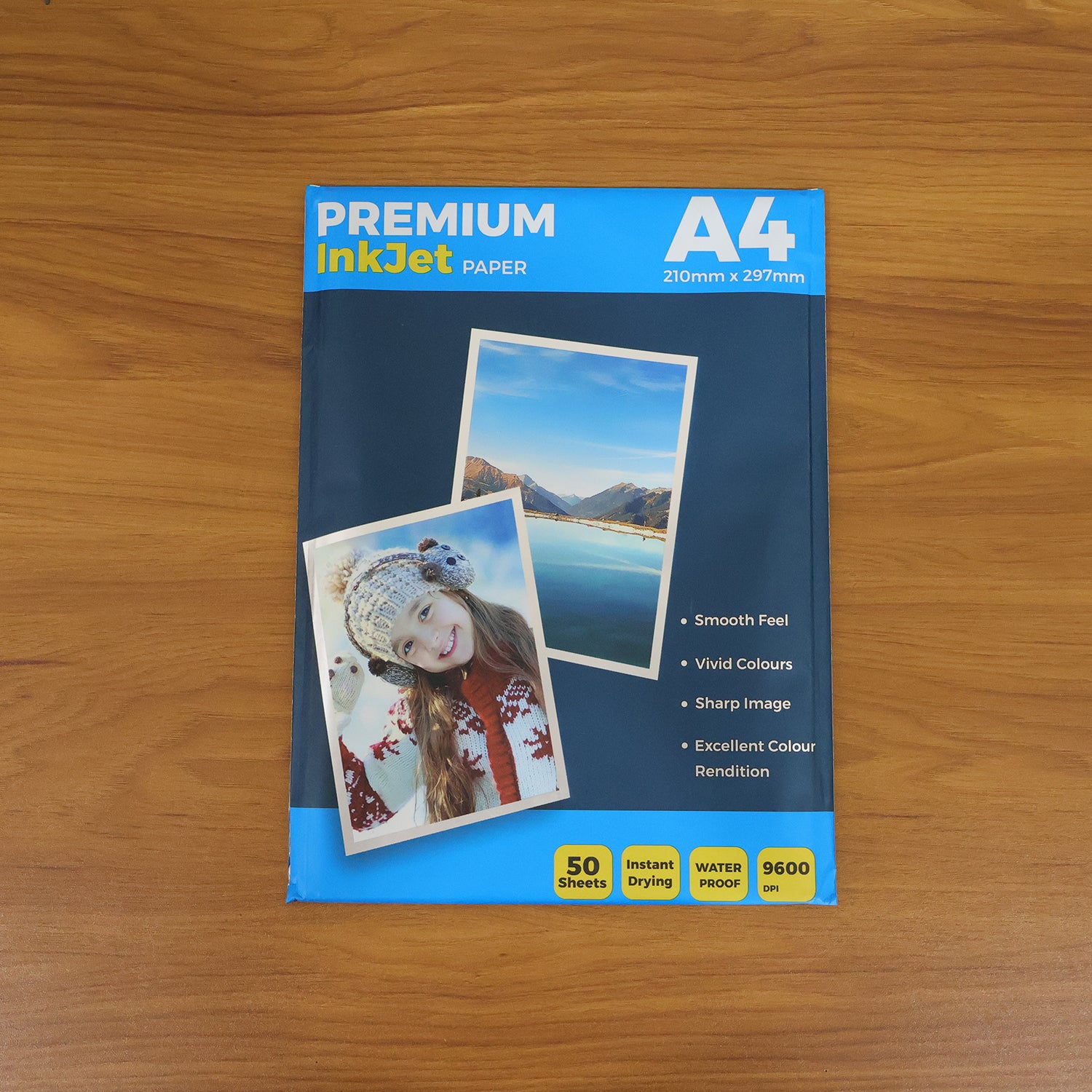 A pack of 50 sheets of Wukusy premium A4 inkjet printing paper stacked neatly, ready for high-quality printing.