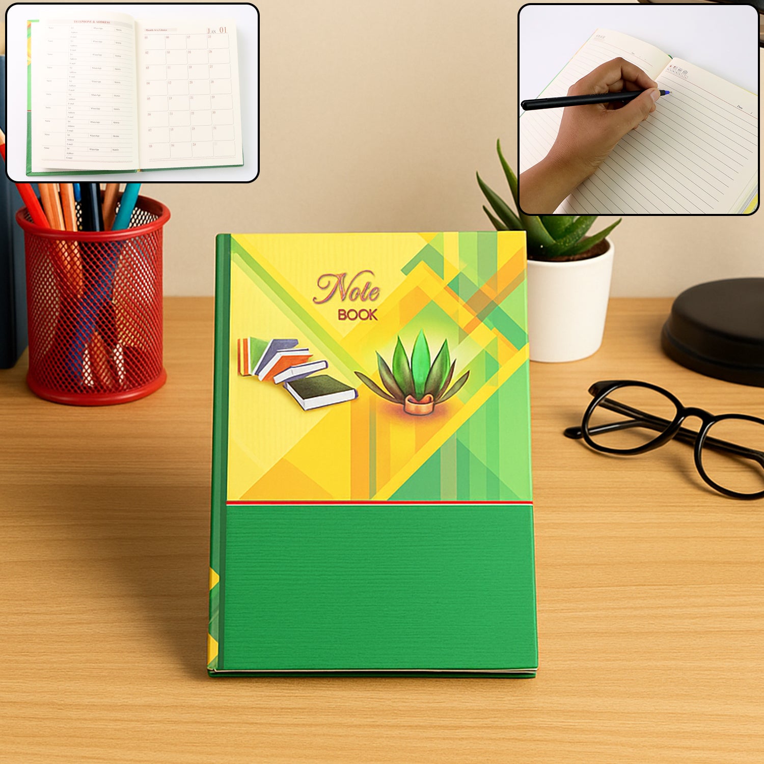 Wukusy hardcover ruled notebook with 160 pages, calendar, 22x16 cm, used for office note-taking and planning.