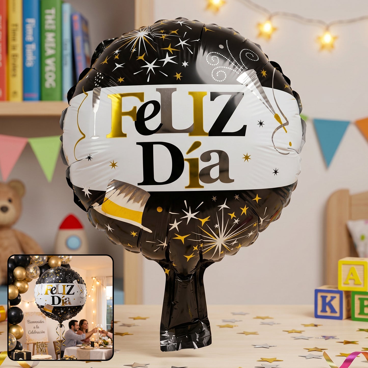 Black and gold Feliz Dia round foil balloon from Wukusy, featuring festive lettering and shiny metallic surface for celebrations.