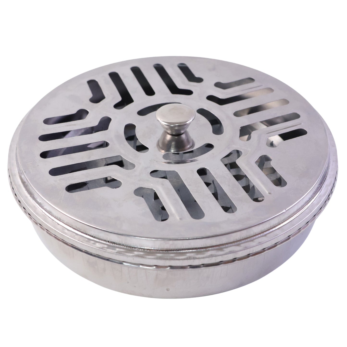 Wukusy stainless steel mosquito coil stand with smoke vent lid, designed for safe and efficient mosquito coil burning.