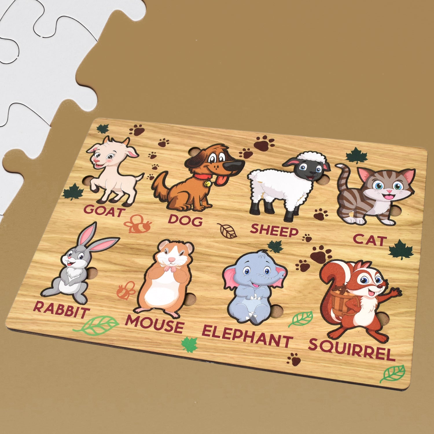 Wooden animal puzzle toy by Wukusy, educational learning board with colorful animal pieces for children.
