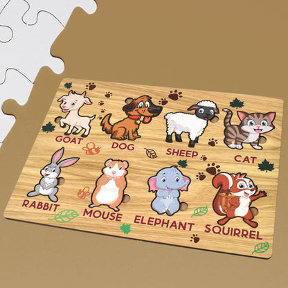 Wooden animal puzzle toy by Wukusy, educational learning board with colorful animal pieces for children.