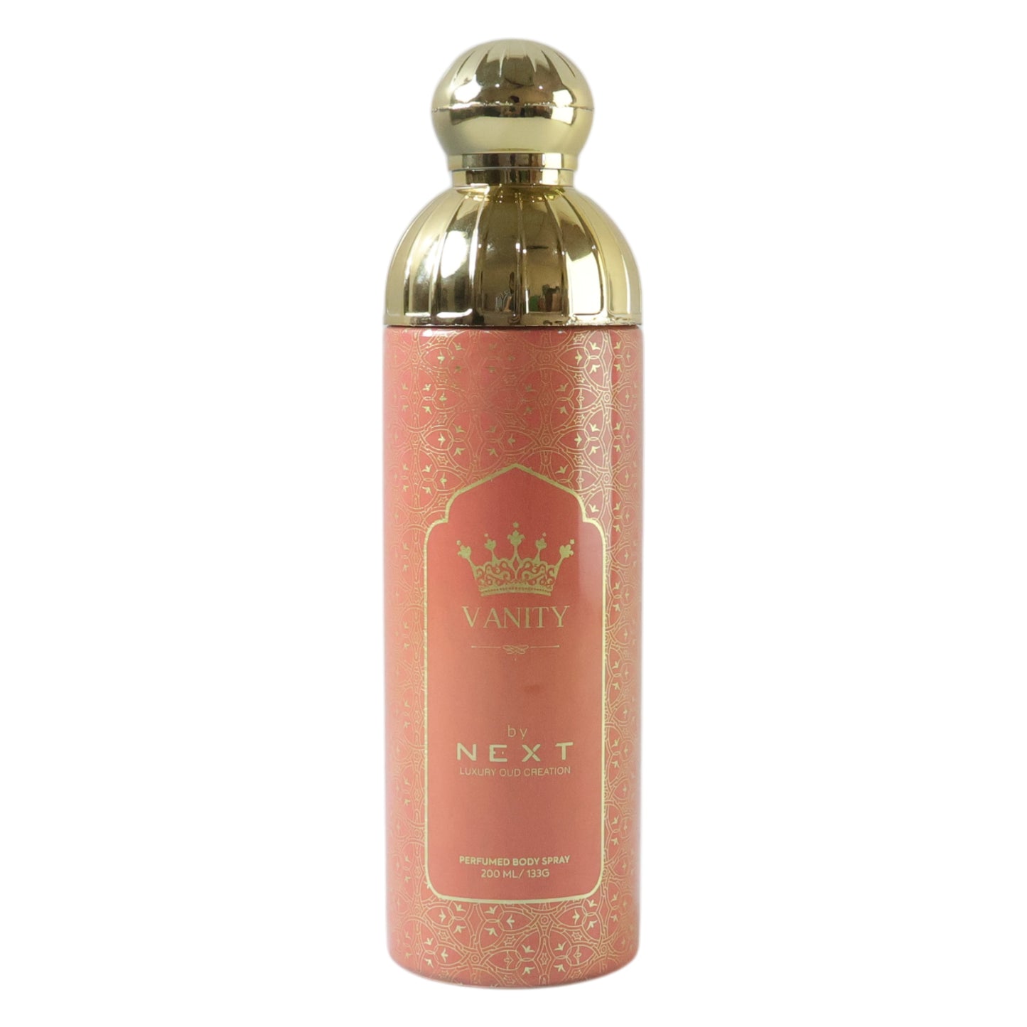 Next Vanity Premium Perfumed Body Spray by Wukusy, 200ml bottle with elegant floral design and sleek white packaging.