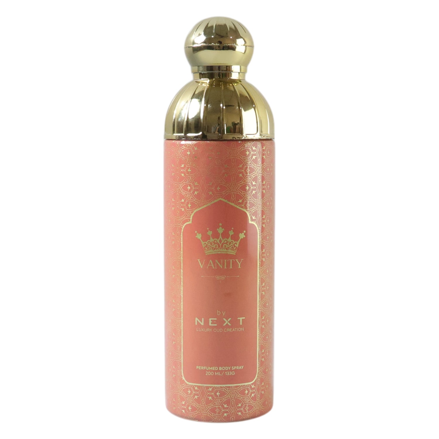 Next Vanity Premium Perfumed Body Spray by Wukusy, 200ml bottle with elegant floral design and sleek white packaging.