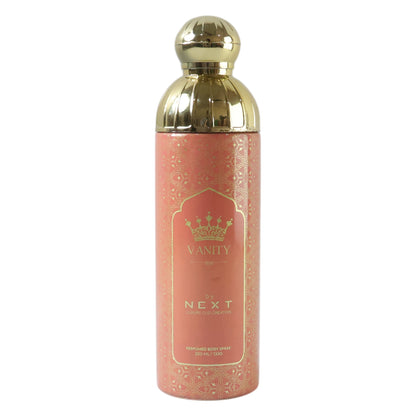 Next Vanity Premium Perfumed Body Spray by Wukusy, 200ml bottle with elegant floral design and sleek white packaging.