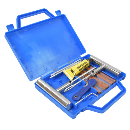 Wukusy portable tire repair kit with 13-piece tyre repairing tool set and storage box, including plugs, tools, and accessories for tire fixing.