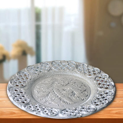 Silver-plated Swastik Pooja Thali set with glossy finish, ideal for home decor and religious rituals, by Wukusy