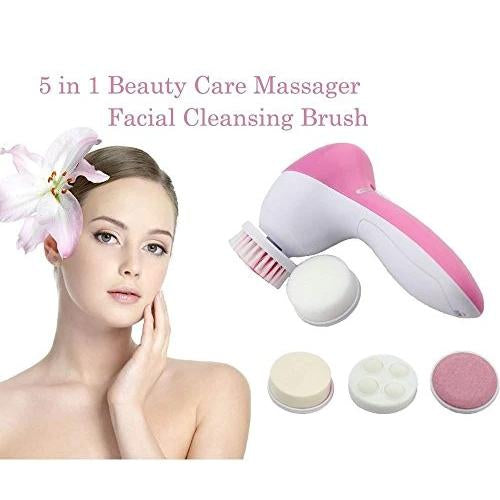 Wukusy 5-in-1 smoothing body and facial massager in pink, with multiple attachment heads for skincare and relaxation.