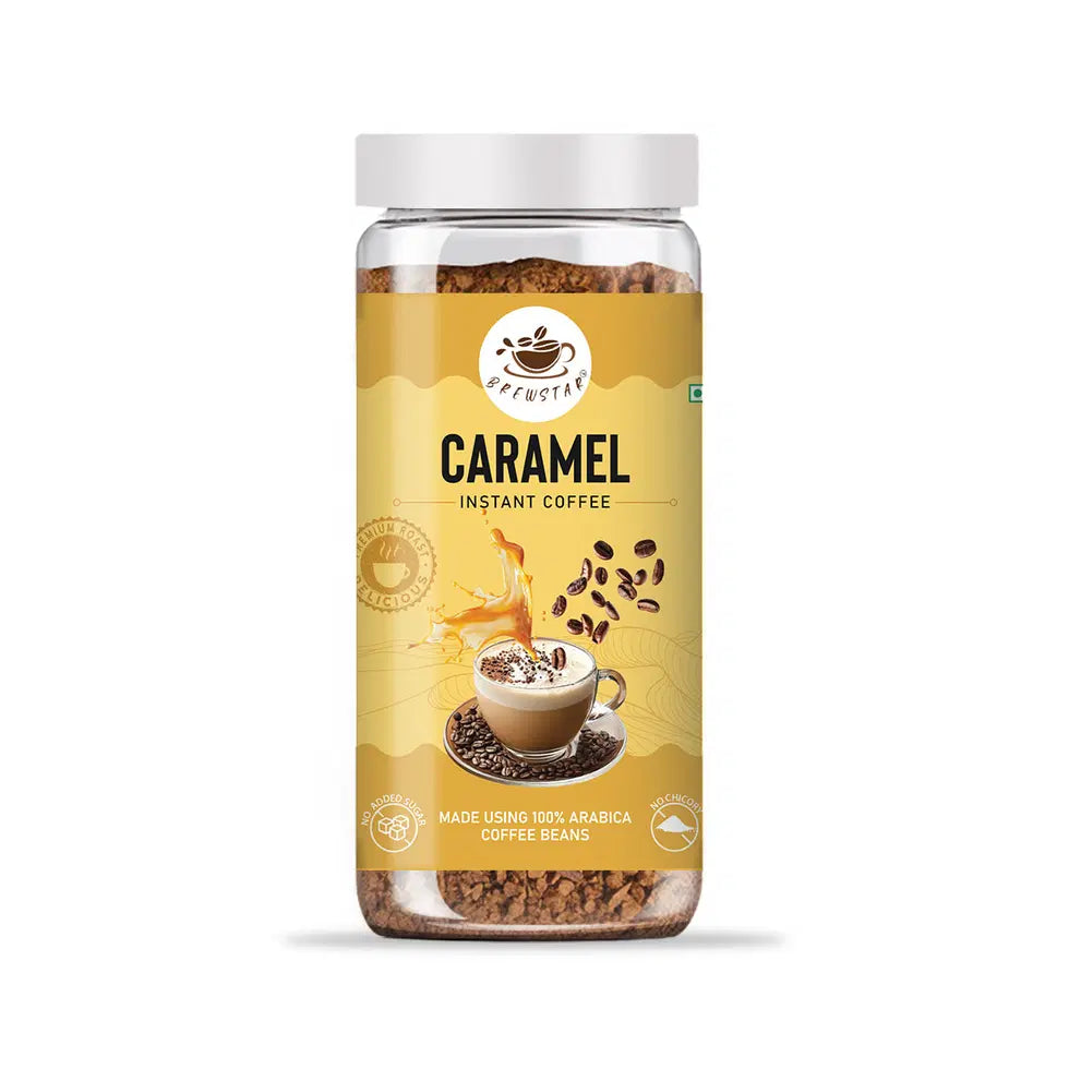 Brewstar caramel coffee in a coffee pot, 100g pack, with a rich caramel flavor and aromatic coffee beans.
