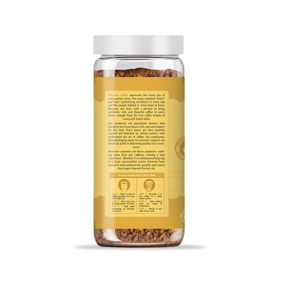 Brewstar Caramel Coffee in 100g coffee pot packaging, featuring rich caramel flavor and premium coffee beans.