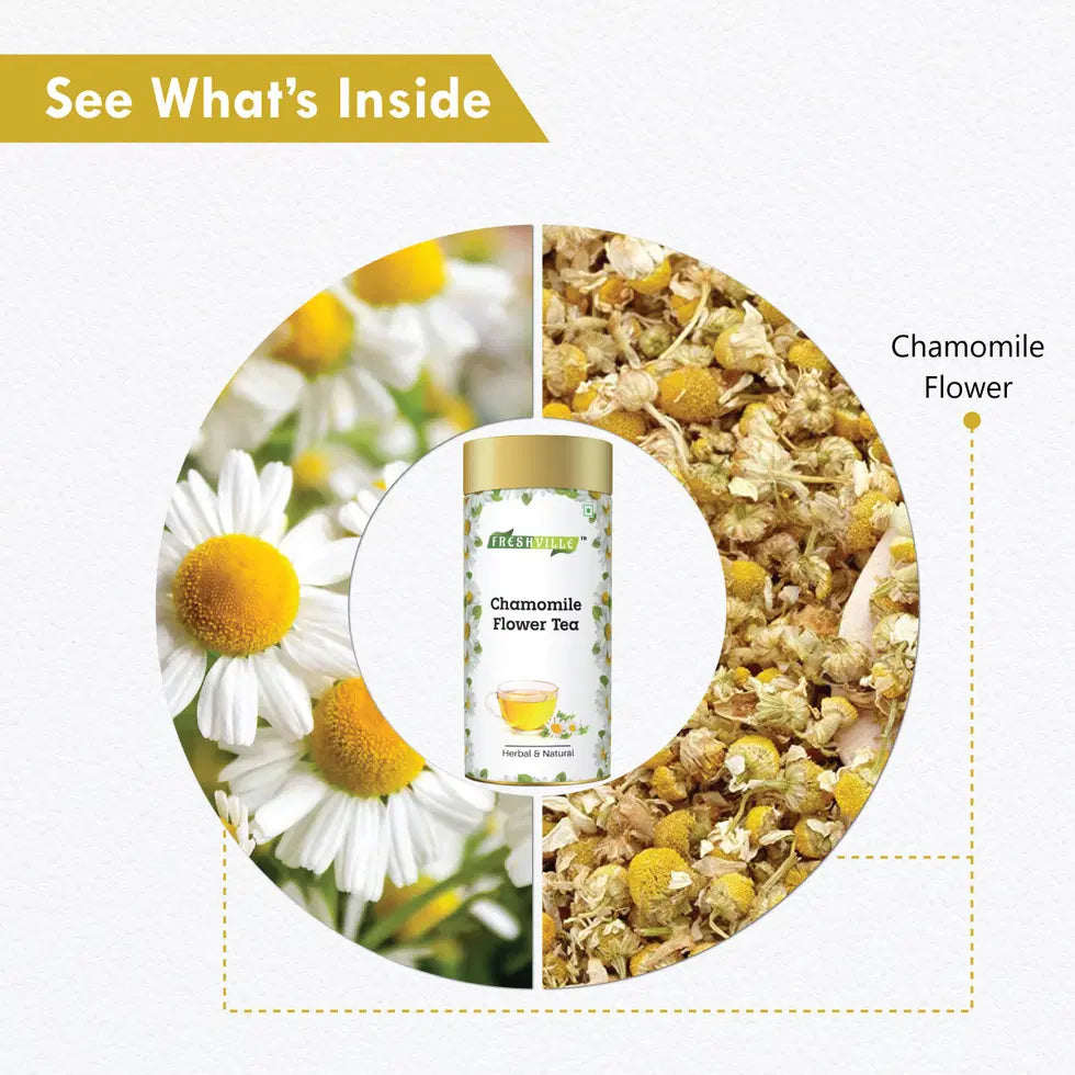 Freshville Chamomile Tea in a tea pot, 100g package, natural herbal tea with chamomile flowers, branded 34136.