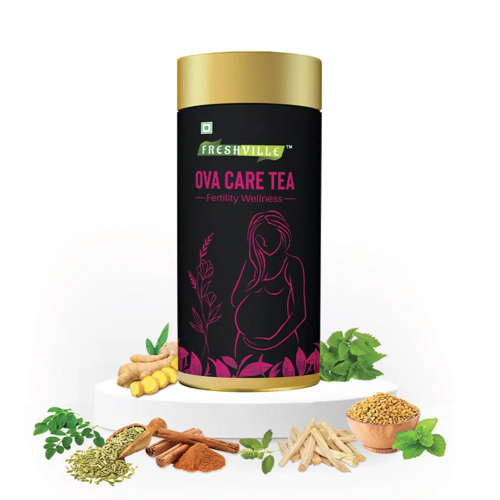 Freshville Ova Care Tea in elegant tea pot, 100g, with Freshville branding, showcasing traditional tea serving style.