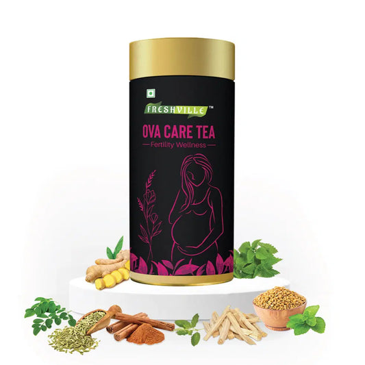 Freshville Ova Care Tea in elegant tea pot, 100g, with Freshville branding, showcasing traditional tea serving style.