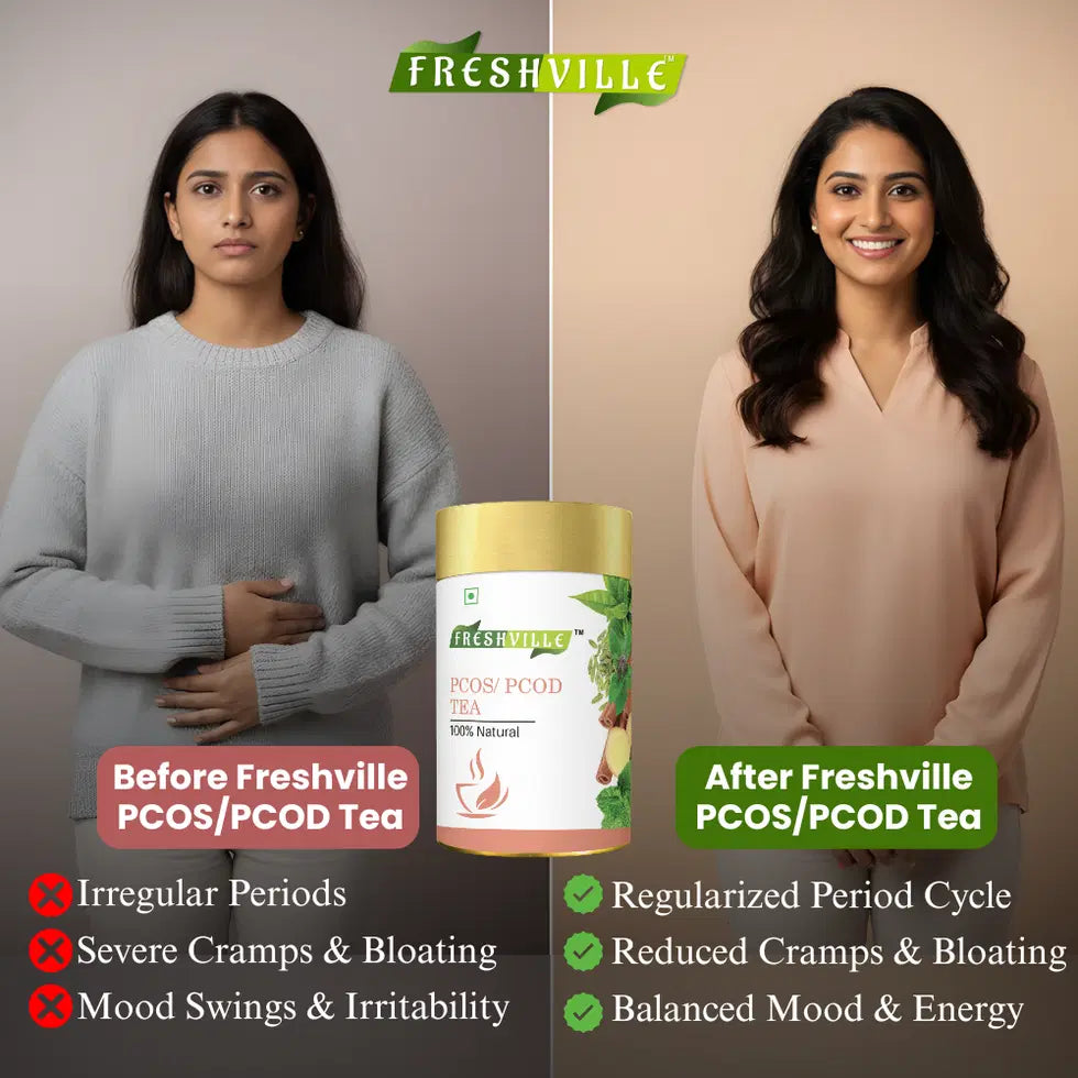 Freshville PCOS PCOD Tea in a glass tea pot, 100g, with fresh herbs and tea leaves for health benefits.