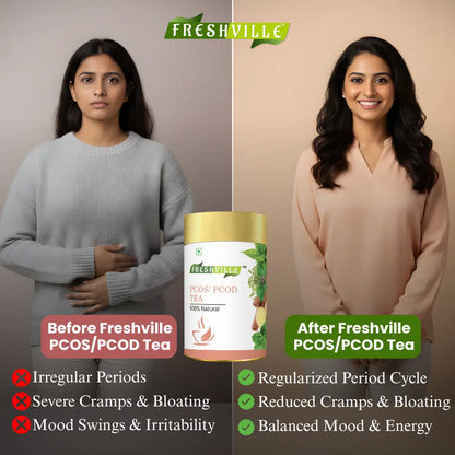 Freshville PCOS PCOD Tea in a glass tea pot, 100g, with fresh herbs and tea leaves for health benefits.