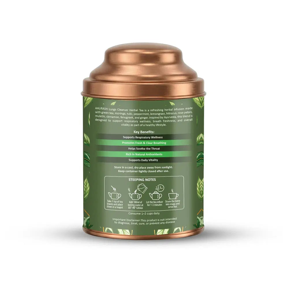 Aurash Lungs Cleanser herbal tea in a tea pot, supporting respiratory wellness and natural detox with caffeine-free herbal ingredients.