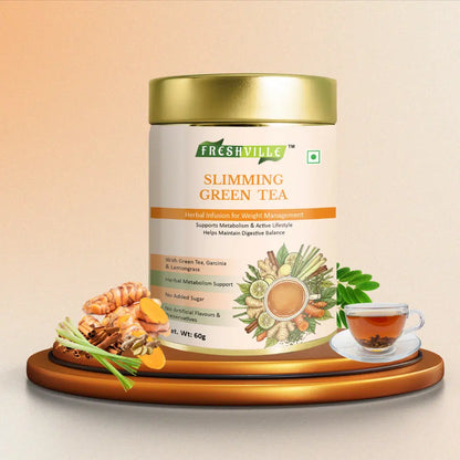 Tea pot containing Freshville Slimming Green Tea in a 60g package, showcasing the brand's green tea product.